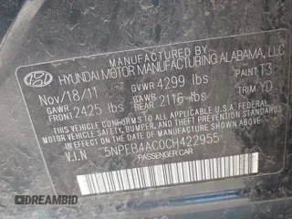 2012 Hyundai Sonata GLS with VIN 5NPEB4AC0CH422955, listed as a IAAI auction lot 42113670 with Not Provided miles. Bid and sale history available at carsss.com. Image 9.