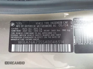 2004 BMW 5 Series 530i with VIN WBANA73554B048314, listed as a IAAI auction lot 41940793 with 96,199 mi miles and . Bid and sale history available at carsss.com. Image 9.
