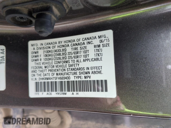 2015 Honda CR-V EX-L with VIN 2HKRM4H75FH669400, listed as a Copart auction lot 53354525 with 184,372 mi miles and Salvage Title. Bid and sale history available at carsss.com. Image 13.