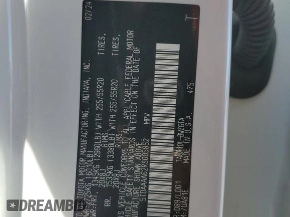 2024 Lexus TX 350 с VIN 5TDAAAA62RS005852, выставлен на аукционе Copart как лот 78525484 с пробегом Не указан миль и На запчасти • Non repairable. История ставок и продаж доступна на DreamBid. Изображение 12.