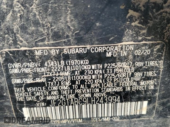 2020 Subaru Crosstrek с VIN JF2GTABC9LH243994, выставлен на аукционе Copart как лот 51472325 с пробегом Не указан миль и Списание • Salvage title. История ставок и продаж доступна на DreamBid. Изображение 15.