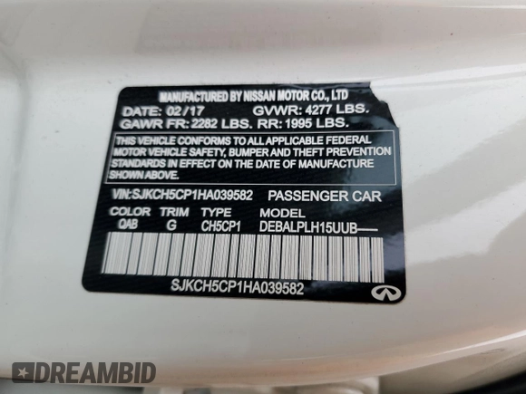 2017 Infiniti QX30 Sport with VIN SJKCH5CP1HA039582, listed as a Copart auction lot 43750455 with 72,068 mi miles and Salvage title. Bid and sale history available at DreamBid. Image 12.