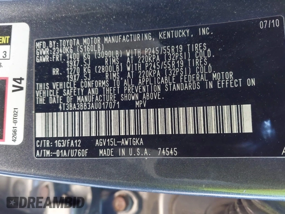 2010 Toyota Venza with VIN 4T3BA3BB3AU017071, listed as a IAAI auction lot 41961456 with 180,797 mi miles and . Bid and sale history available at DreamBid. Image 9.