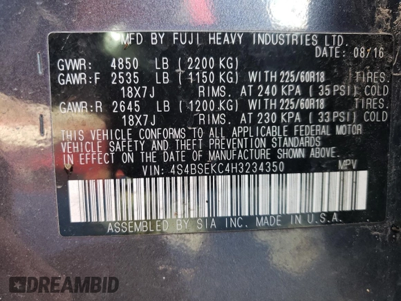 2017 Subaru Outback Limited with VIN 4S4BSEKC4H3234350, listed as a Copart auction lot 55823535 with 55,327 mi miles and Salvage title. Bid and sale history available at DreamBid. Image 14.
