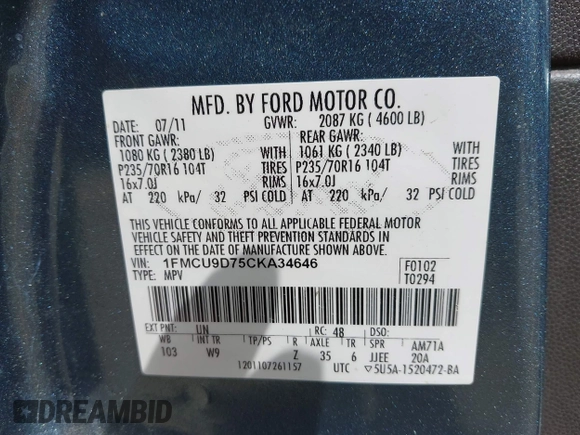 2012 Ford Escape XLT с VIN 1FMCU9D75CKA34646, выставлен на аукционе IAAI как лот 42764769 с пробегом 176 719 миль миль и . История ставок и продаж доступна на DreamBid. Изображение 9.