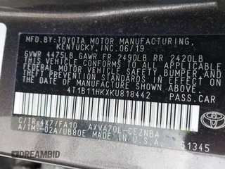 2019 Toyota Camry LE with VIN 4T1B11HKXKU818442, listed as a IAAI auction lot 41906128 with 30,728 mi miles and . Bid and sale history available at DreamBid. Image 9.