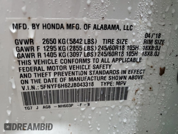 2018 Honda Pilot EX-L with VIN 5FNYF6H62JB043318, listed as a Copart auction lot 57853335 with 57,354 mi miles and Salvage title. Bid and sale history available at DreamBid. Image 14.