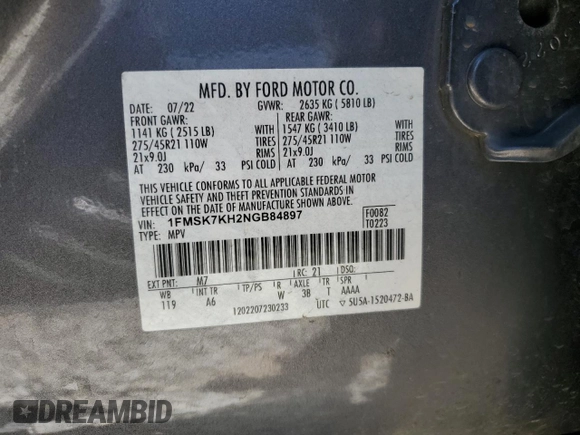 2022 Ford Explorer ST-Line с VIN 1FMSK7KH2NGB84897, выставлен на аукционе Copart как лот 53333595 с пробегом 84 110 миль миль и Списание • Salvage title. История ставок и продаж доступна на DreamBid. Изображение 15.