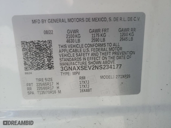 2022 Chevrolet Equinox LS with VIN 3GNAXSEV2NS234177, listed as a Copart auction lot 88888395 with 52,357 mi miles and Clean Title. Bid and sale history available at carsss.com. Image 13.