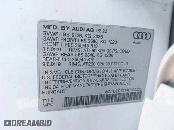 2022 Audi Q3 S line Premium z VIN WA1DECF37N1092225, wystawiony jako IAAI lot #41786815 z przebiegiem 41 973 mil mil oraz . Historia ofert i sprzedaży dostępna na DreamBid. Obrazek 9.