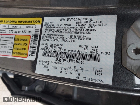 2017 Ford Fusion Titanium with VIN 3FA6P0K93HR416160, listed as a IAAI auction lot 41636451 with 100,383 mi miles. Bid and sale history available at carsss.com. Image 9.