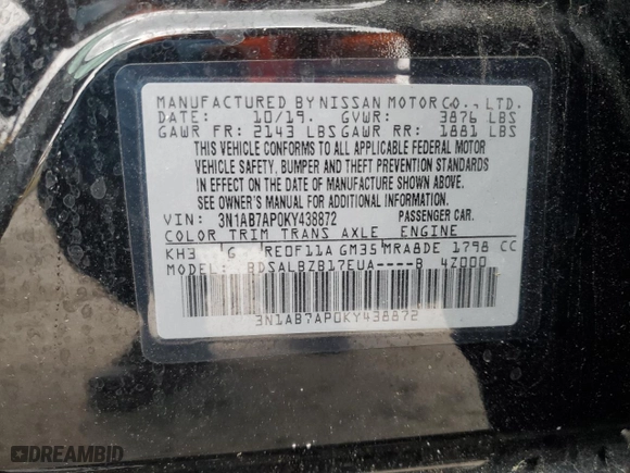 2019 Nissan Sentra SV with VIN 3N1AB7AP0KY438872, listed as a Copart auction lot 50537655 with 45,531 mi miles and Non Repairable. Bid and sale history available at carsss.com. Image 12.