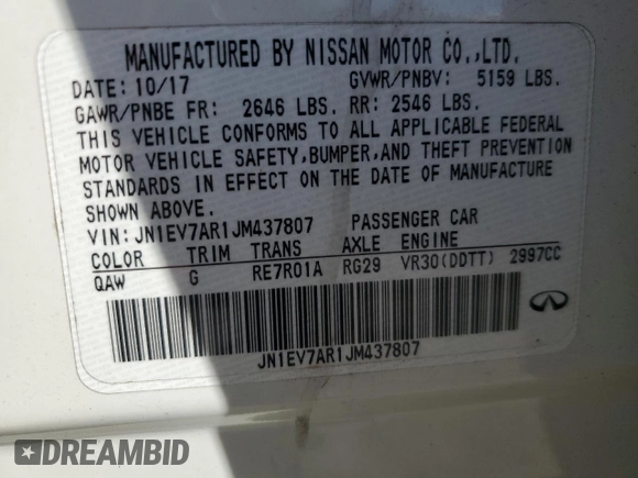 2018 Infiniti Q50 3.0t LUXE with VIN JN1EV7AR1JM437807, listed as a Copart auction lot 52291915 with 69,280 mi miles and Salvage Title. Bid and sale history available at carsss.com. Image 12.