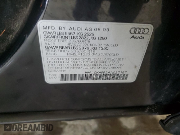 2010 Audi Q5 Premium with VIN WA1CKAFP2AA027157, listed as a Copart auction lot 71814374 with 126,430 mi miles and Salvage Title. Bid and sale history available at carsss.com. Image 14.