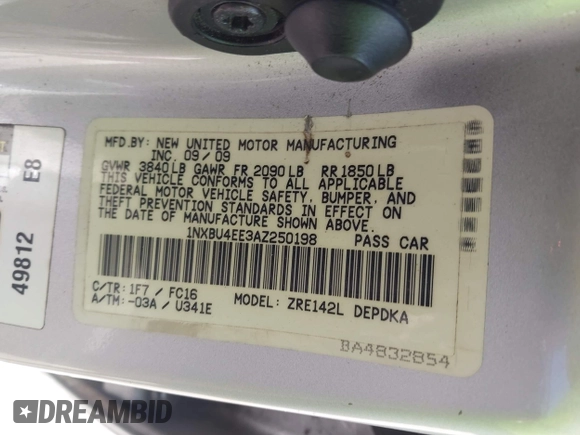 2010 Toyota Corolla with VIN 1NXBU4EE3AZ250198, listed as a IAAI auction lot 42012752 with 175,636 mi miles and . Bid and sale history available at DreamBid. Image 9.