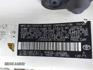 2007 Toyota Prius with VIN JTDKB20U877578334, listed as a IAAI auction lot 41913146 with 195,752 mi miles. Bid and sale history available at carsss.com. Image 9.