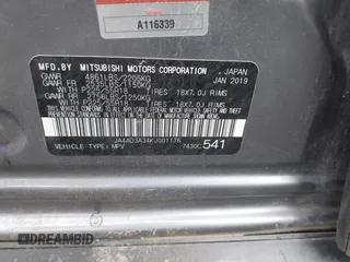 2019 Mitsubishi Outlander SE with VIN JA4AD3A34KJ001176, listed as a IAAI auction lot 42274238 with 109,316 mi miles and . Bid and sale history available at DreamBid. Image 9.