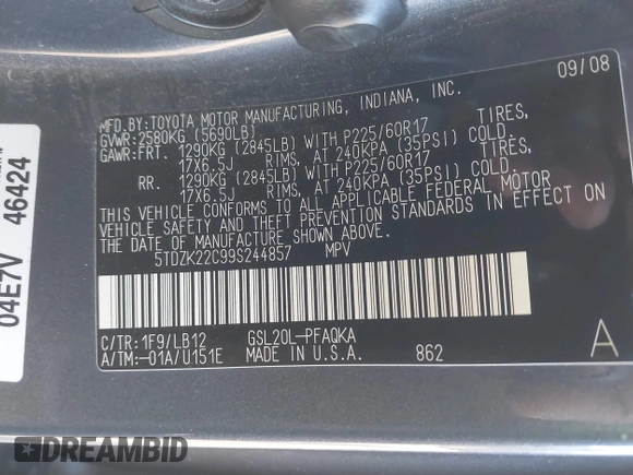 2009 Toyota Sienna XLE with VIN 5TDZK22C99S244857, listed as a IAAI auction lot 41114494 with 135,750 mi miles and . Bid and sale history available at DreamBid. Image 9.