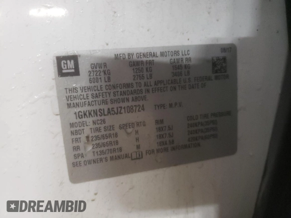2018 GMC Acadia SLE with VIN 1GKKNSLA5JZ108724, listed as a Copart auction lot 86187424 with 128,031 mi miles and Salvage Title. Bid and sale history available at carsss.com. Image 13.
