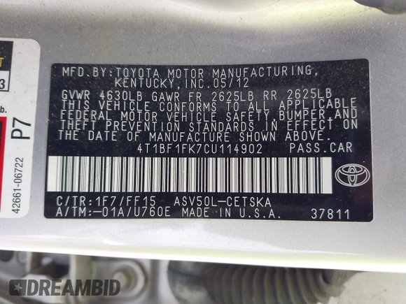 2012 Toyota Camry L with VIN 4T1BF1FK7CU114902, listed as a IAAI auction lot 42154137 with 75,600 mi miles. Bid and sale history available at carsss.com. Image 9.