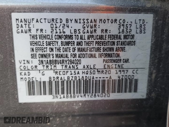 2024 Nissan Sentra S with VIN 3N1AB8BV4RY284020, listed as a Copart auction lot 50609485 with 48,950 mi miles and Salvage Title. Bid and sale history available at DreamBid. Image 13.