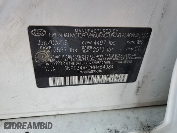 2017 Hyundai Sonata Sport with VIN 5NPE34AF2HH454384, listed as a Copart auction lot 44811395 with Not Provided miles and Non Repairable. Bid and sale history available at DreamBid. Image 12.