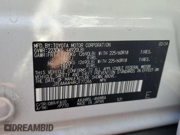 2024 Toyota Venza LE with VIN JTEAAAAH4RJ171266, listed as a Copart auction lot 77708814 with 4,872 mi miles and Salvage Title. Bid and sale history available at carsss.com. Image 14.