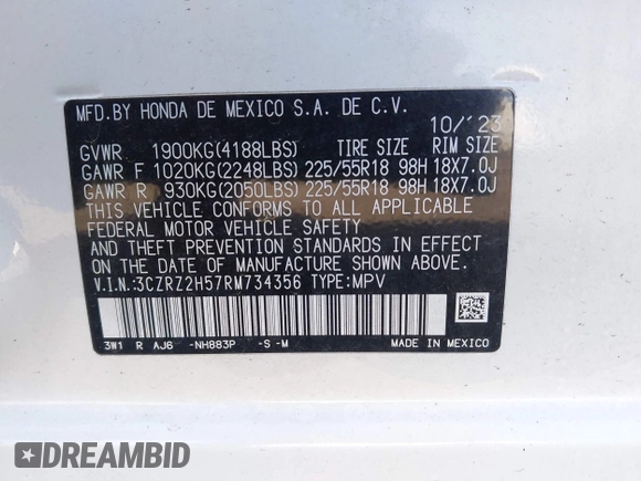 2024 Honda HR-V Sport with VIN 3CZRZ2H57RM734356, listed as a IAAI auction lot 41935601 with Not provided miles and . Bid and sale history available at DreamBid. Image 9.