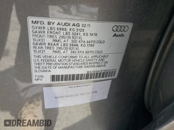 2011 Audi Q7 S line with VIN WA1DGAFE7BD007510, listed as a Copart auction lot 57494655 with 146,779 mi miles and Salvage title. Bid and sale history available at DreamBid. Image 13.