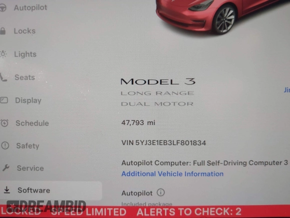2020 Tesla Model 3 Long Range with VIN 5YJ3E1EB3LF801834, listed as a IAAI auction lot 42015079 with 47,793 mi miles. Bid and sale history available at carsss.com. Image 7.