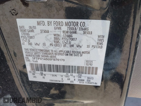 2005 Ford F-150 XLT с VIN 1FTPX14505FB76170, выставлен на аукционе IAAI как лот 42238528 с пробегом 211 947 миль миль и . История ставок и продаж доступна на DreamBid. Изображение 9.