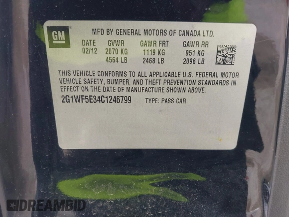 2012 Chevrolet Impala LS Fleet with VIN 2G1WF5E34C1246799, listed as a IAAI auction lot 41842503 with 227,482 mi miles and . Bid and sale history available at DreamBid. Image 9.