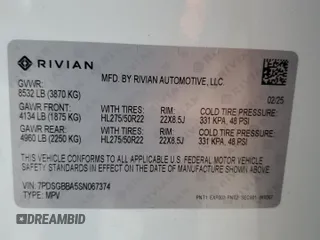 2025 Rivian R1S Adventure z VIN 7PDSGBBA5SN067374, wystawiony jako Copart lot #55279895 z przebiegiem 1 120 mil mil oraz Szkoda całkowita • Salvage title. Historia ofert i sprzedaży dostępna na DreamBid. Obrazek 14.