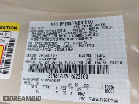 2015 Lincoln MKZ with VIN 3LN6L2JK9FR622100, listed as a IAAI auction lot 42269664 with 52,287 mi miles and . Bid and sale history available at DreamBid. Image 9.