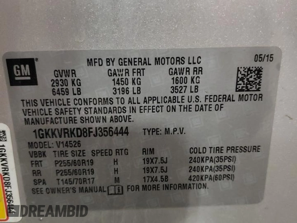 2015 GMC Acadia SLT with VIN 1GKKVRKD8FJ356444, listed as a Copart auction lot 48481985 with 137,940 mi miles and Salvage Title. Bid and sale history available at carsss.com. Image 13.