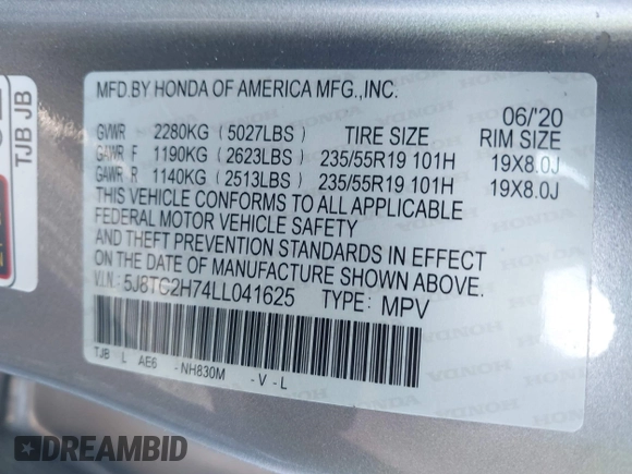 2020 Acura RDX Advance with VIN 5J8TC2H74LL041625, listed as a IAAI auction lot 41873138 with 50,756 mi miles and . Bid and sale history available at DreamBid. Image 9.