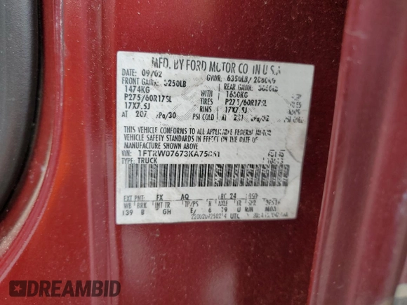2003 Ford F-150 XLT with VIN 1FTRW07673KA75061, listed as a Copart auction lot 52034595 with Not Provided miles and Salvage Title. Bid and sale history available at carsss.com. Image 13.