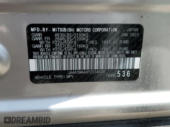 2023 Mitsubishi Eclipse Cross SE with VIN JA4ATWAA0PZ034008, listed as a Copart auction lot 57229795 with 31,713 mi miles and Salvage title. Bid and sale history available at DreamBid. Image 14.