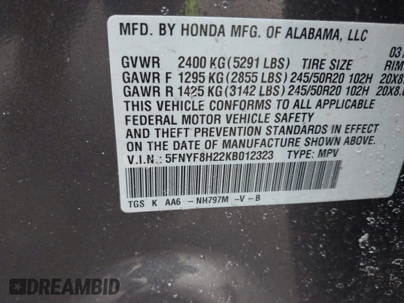 2019 Honda Passport Sport with VIN 5FNYF8H22KB012323, listed as a IAAI auction lot 41880476 with 153,341 mi miles and . Bid and sale history available at carsss.com. Image 9.
