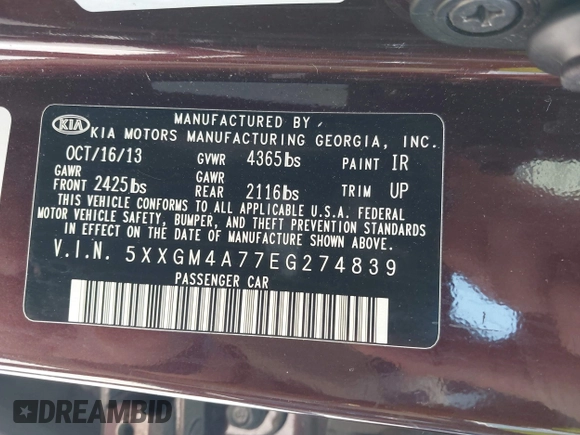 2014 Kia Optima LX with VIN 5XXGM4A77EG274839, listed as a IAAI auction lot 41976091 with 130,517 mi miles. Bid and sale history available at carsss.com. Image 9.