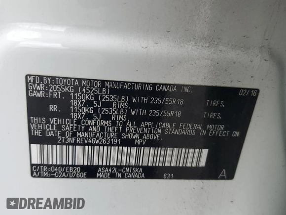 2016 Toyota RAV4 SE with VIN 2T3NFREV4GW263191, listed as a Copart auction lot 54722135 with Not provided miles and Salvage title. Bid and sale history available at DreamBid. Image 13.