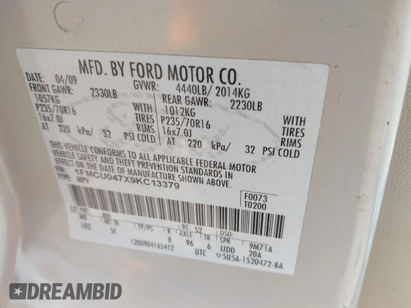 2009 Ford Escape Limited with VIN 1FMCU047X9KC13379, listed as a IAAI auction lot 41890513 with 207,074 mi miles and . Bid and sale history available at DreamBid. Image 9.