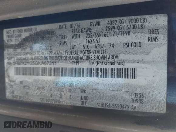 2016 Ford Transit Passenger XL с VIN 1FBZX2YG5GKA67311, выставлен на аукционе IAAI как лот 42439738 с пробегом 94 998 миль миль и . История ставок и продаж доступна на DreamBid. Изображение 9.