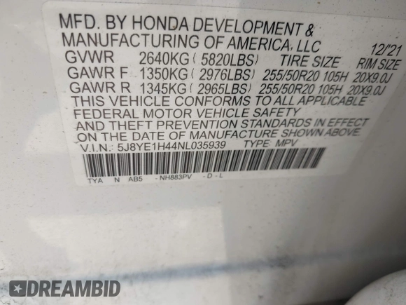 2022 Acura MDX Technology with VIN 5J8YE1H44NL035939, listed as a IAAI auction lot 42547724 with 45,642 mi miles and . Bid and sale history available at DreamBid. Image 9.