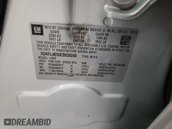 2012 Chevrolet Captiva Sport LTZ with VIN 3GNFL4E56CS638240, listed as a Copart auction lot 63308964 with 164,839 mi miles and Non Repairable. Bid and sale history available at DreamBid. Image 13.