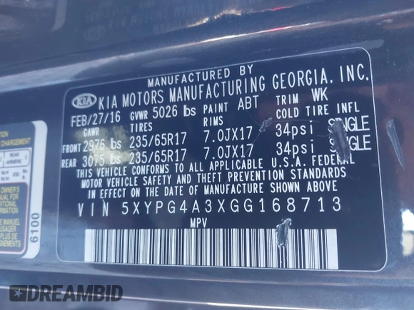 2016 Kia Sorento LX with VIN 5XYPG4A3XGG168713, listed as a IAAI auction lot 41632177 with 108,516 mi miles. Bid and sale history available at carsss.com. Image 9.