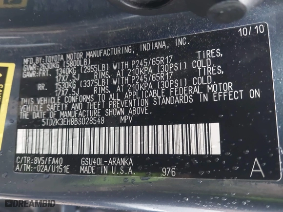2011 Toyota Highlander with VIN 5TDZK3EH8BS028548, listed as a IAAI auction lot 41346300 with 198,043 mi miles. Bid and sale history available at carsss.com. Image 9.