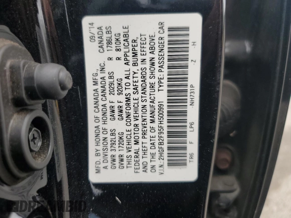 2015 Honda Civic Sedan EX-L with VIN 2HGFB2F95FH500991, listed as a Copart auction lot 51666015 with 0 mi miles and Clean Title. Bid and sale history available at carsss.com. Image 13.