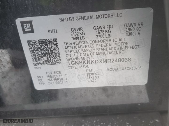 2021 Chevrolet Tahoe LT with VIN 1GNSKNKDXMR248068, listed as a Copart auction lot 87485444 with 88,878 mi miles and Salvage Title. Bid and sale history available at carsss.com. Image 13.
