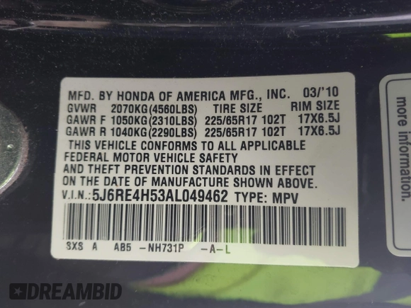 2010 Honda CR-V EX with VIN 5J6RE4H53AL049462, listed as a IAAI auction lot 41481412 with 157,379 mi miles. Bid and sale history available at carsss.com. Image 9.